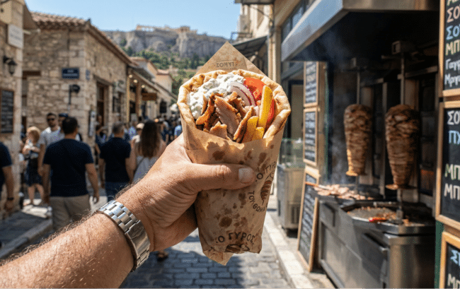מנת הרחוב הלאומית של יוון, שכולם אוהבים. גירוס ברחובות אתונה