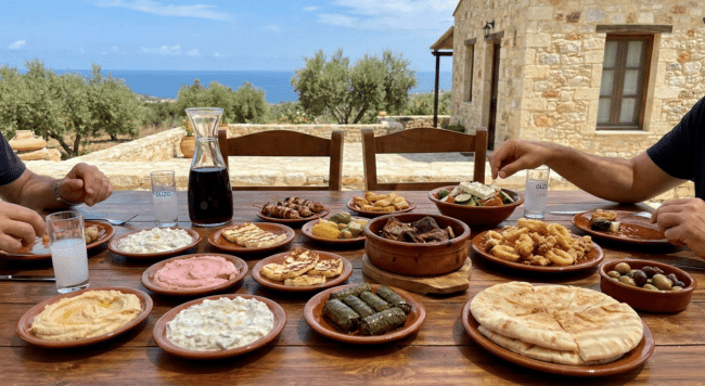 שולחן עם מנות מזה בקפריסין ליד החוף
